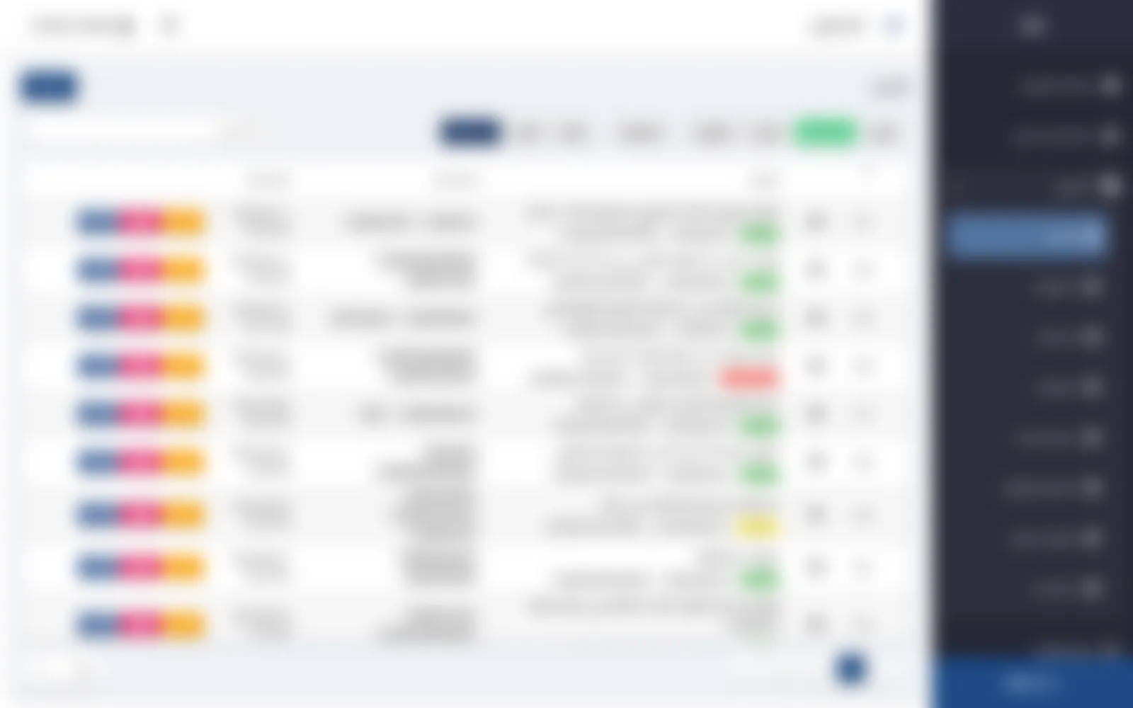 The News list, one of the content types. Under each title are its status, author and creation date, then category chips and the publish date. Filters cover language, deleted, featured and pinned entries.