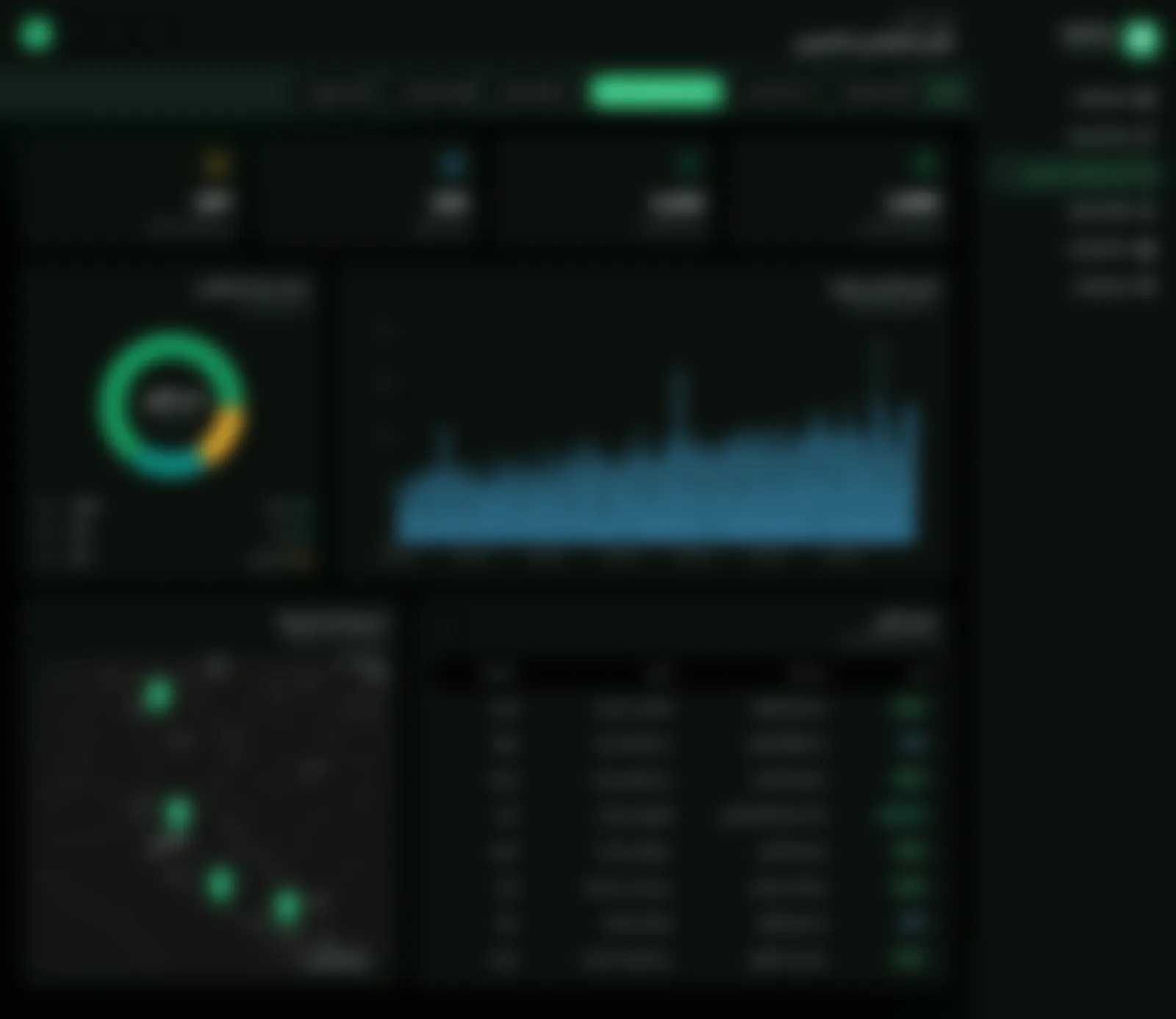 The same dashboard in dark mode. The basemap is darkened with a CSS filter; the pins are HTML markers, so they keep the app’s colours.