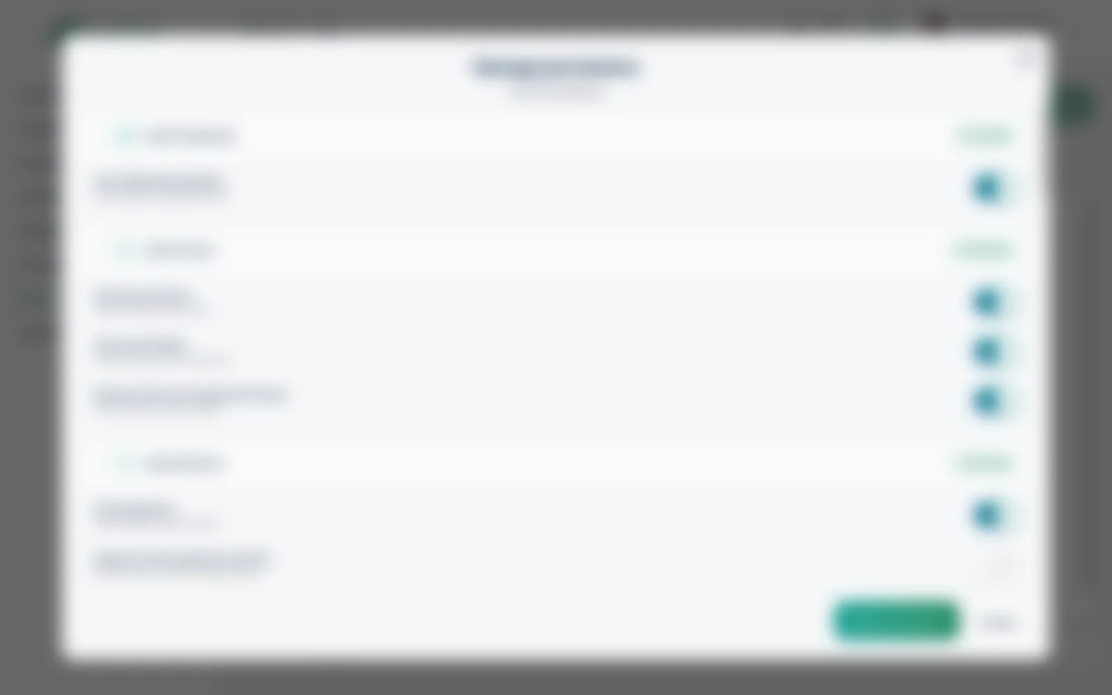 Role permissions in English: switches grouped by area, with a count of what is enabled in each group.